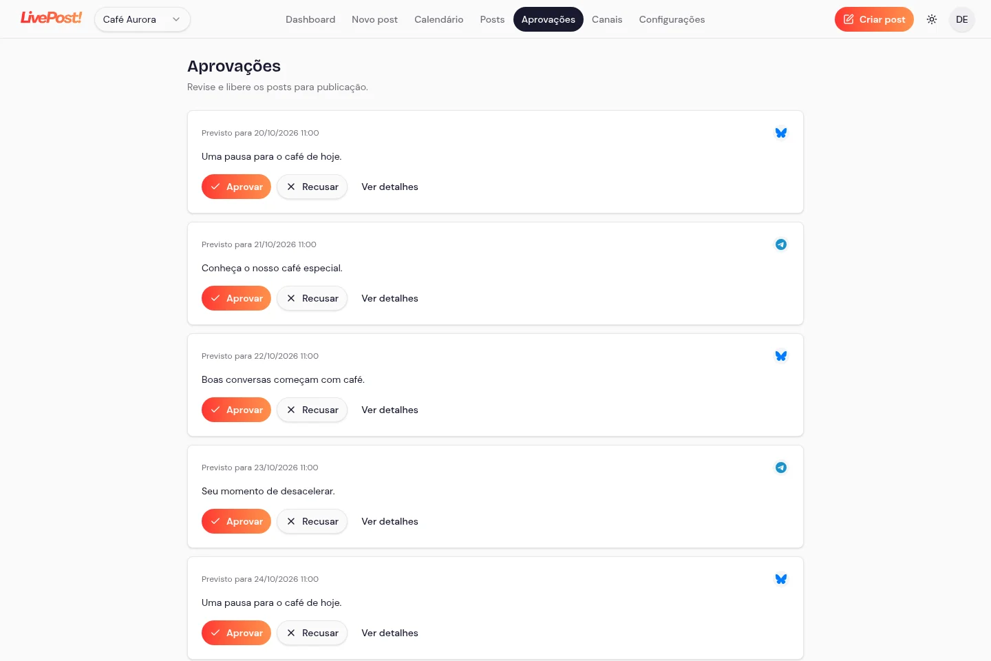 Aprovação do cliente — exemplo Café Aurora