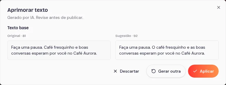 Painel de revisão Original e Sugestão da IA